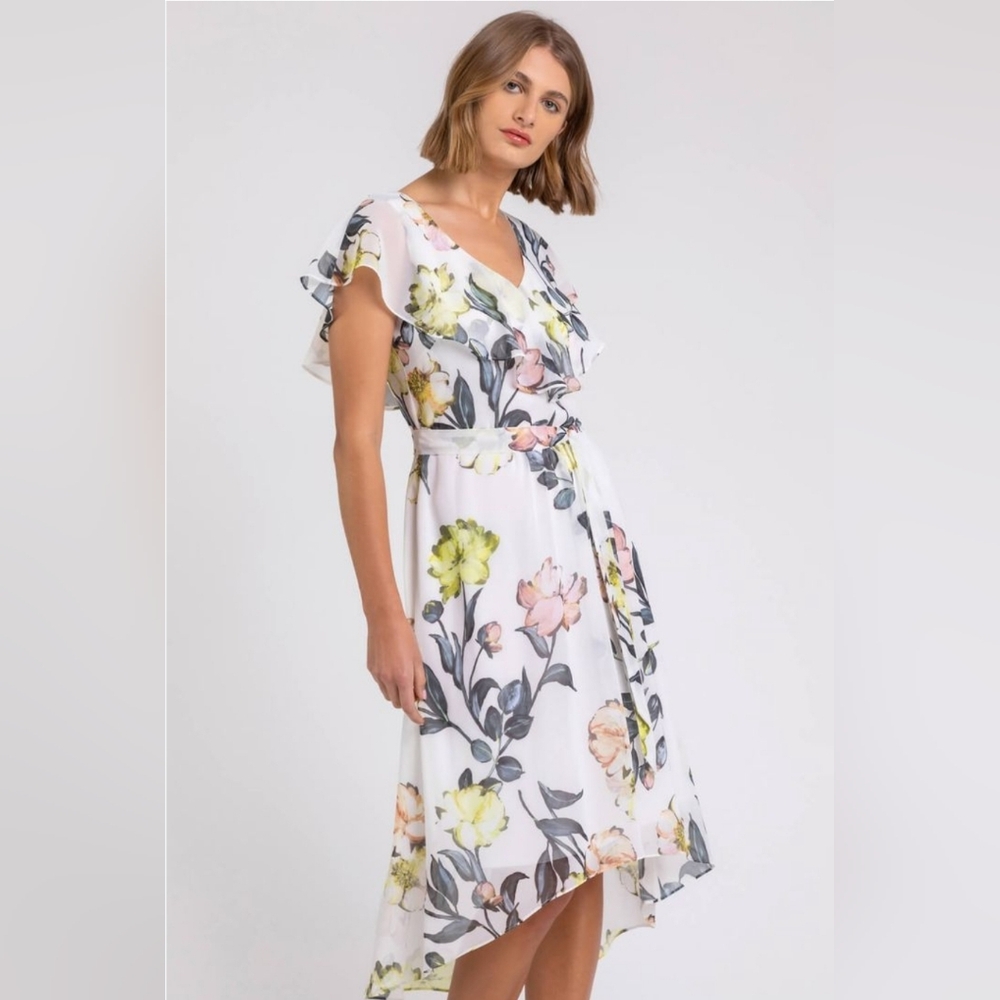 Melonie T Dress Womens 12 Cream Yellow Floral High Low Midi Faux Wrap Ruffle